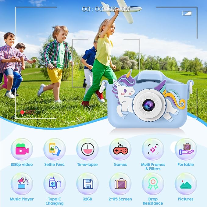 Kids Camera, Toys for Toddlers Age 3-8 Year Old Girl Christmas Birthday Gifts, Children Digital Camera with Cartoon Soft Silicone Cover and 32GB Card (Azure)