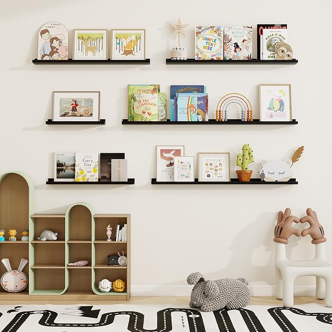 Picture Ledge Shelf, Solid Pine Wood Floating Shelves Set of 2, 32 Inches Nursery Book Shelves for Toys Storage, Kids Bookshelf Wall Mounted for Living Room Bedroom Decor Books Photo Frames, Black