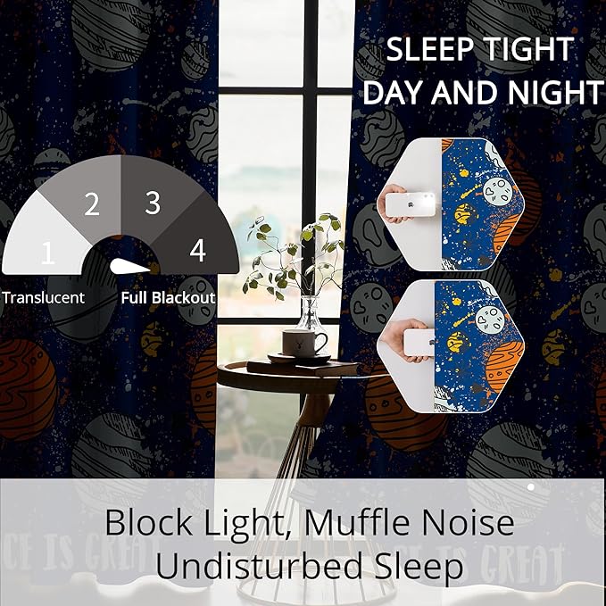 Kids Space Planet Blackout Curtains - 100% Blackout, Thermal Insulated, Noise Reducing, Perfect for Kids Room and Nursery, 2 Panels (Space-is-Great, W52×L84)