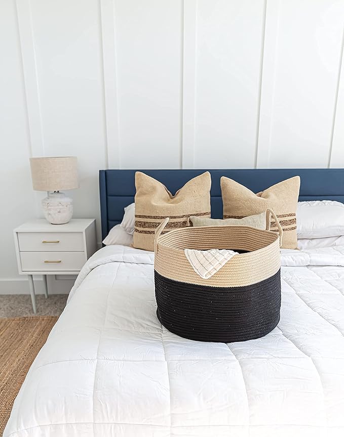 OrganiHaus Woven Laundry Basket, Large Cotton Rope Blanket Holder with Handles, Soft & Sturdy Nursery Hamper, Decorative Toy Bin for Living Room Organization 20x13 inches - Black/Honey