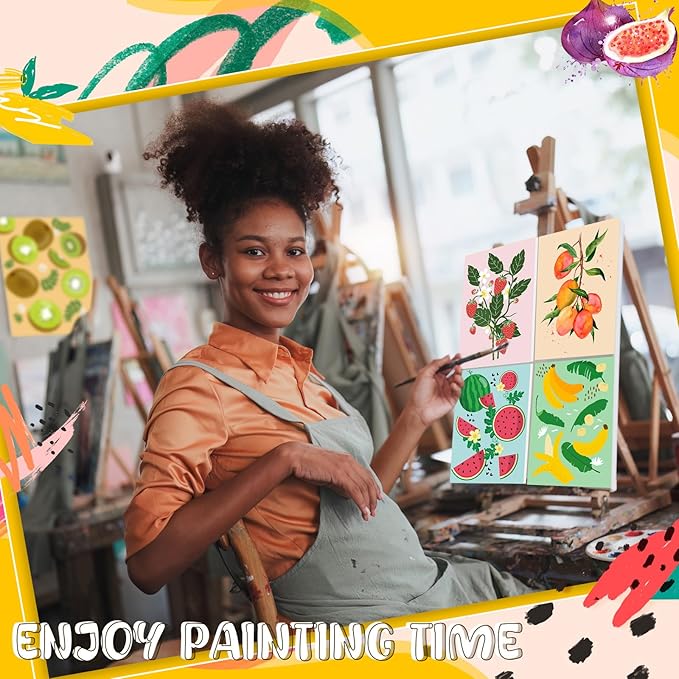 Blosssound 10 Set Pre Printed Canvas Pre Drawn Canvas Painting with Easel Kits 5" x 7" Outline Painting Panels for Beginners, DIY Craft Project, Party Favor, Home Decors(Fruit)