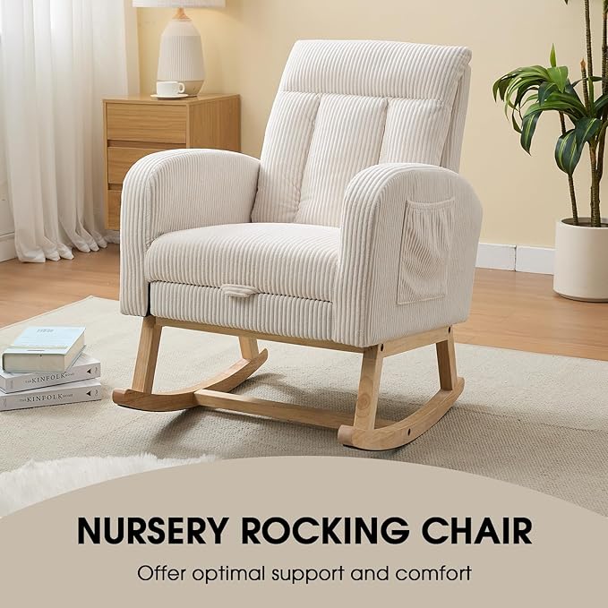 NIOIIKIT Nursery Rocking Chair, Corduroy Upholstered Rocking Chair with Adjustable Footrest, Tufted Rocker Chair with Side Pocket, Glider Rocker for Living Room, Bedroom (Cream Casual)