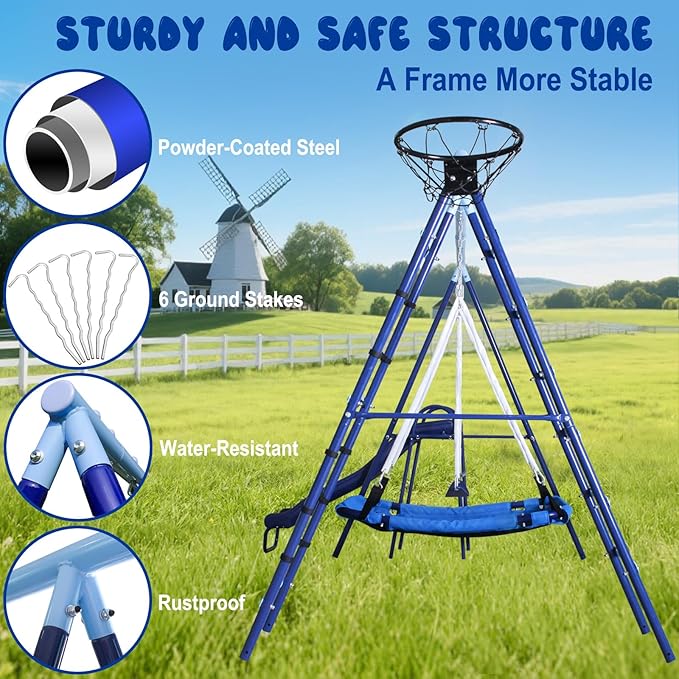 600lbs 6-in-1 Kids Swing Set, Backyard Playset with Belt & Platform Swings, Slide, Climbing Net, Basketball Hoop, Heavy-Duty A-Frame Metal Stand & 6 Anti-Tilt Stakes, Outdoor Gym for Ages 4-12
