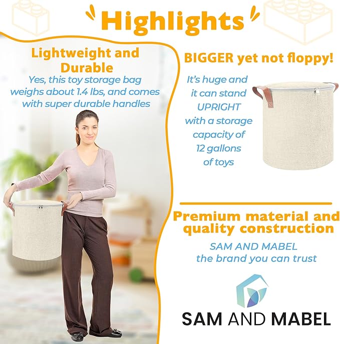 SAM AND MABEL XXL Toy Storage Organizer with Play Mat – 15" x 15" x 16" Storage Bin for Kids' Playroom, Foldable Nursery Fabric Basket (Ivory)