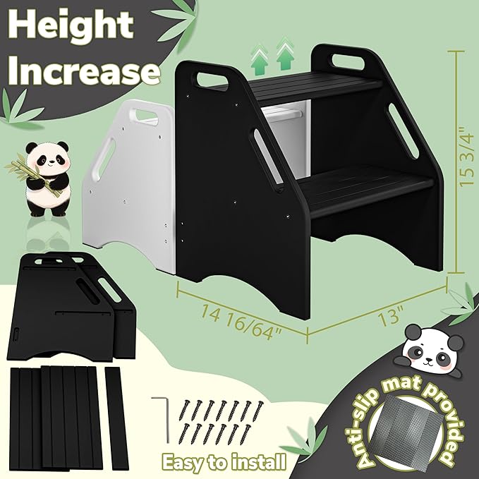 AMBIRD Wooden Step Stool, 15.75'' H Potty Training Toddler 300 lbs Capacity with Safety Non-Slip Pads and Handles, Step Stools for Kids, Bamboo 2-Step Stool for Bathroom, High Beds (Black)