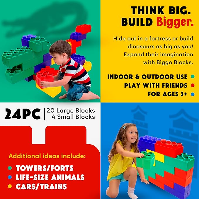 Big Blocks for Kids Ages 4-8, Indoor & Outdoor Blocks for Kids Jumbo Games, Large Building Blocks (24 PC) Beginner Set