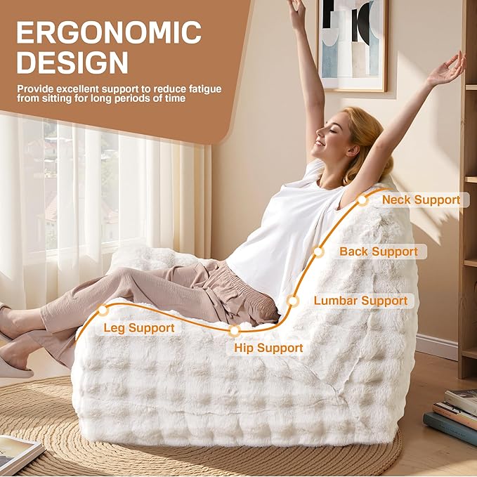 Modern Bean Bag Chair, Large Bean Bag Couch for Adults with Memory Foam Filled, Soft Faux Bunny Fur Lazy Chair for Living Room Bedroom Dorm Apartment, No Assembly Required, White