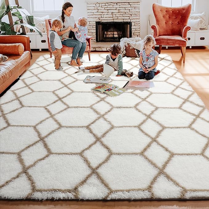 ONASAR 8x10 Area Rugs for Living Room, Fluffy White and Beige Bedroom Rug, Washable Geometric Boho Large Soft Plush Shaggy Fuzzy Floor Carpet for Nursery Kids Classroom Playroom Dorm Home Decor