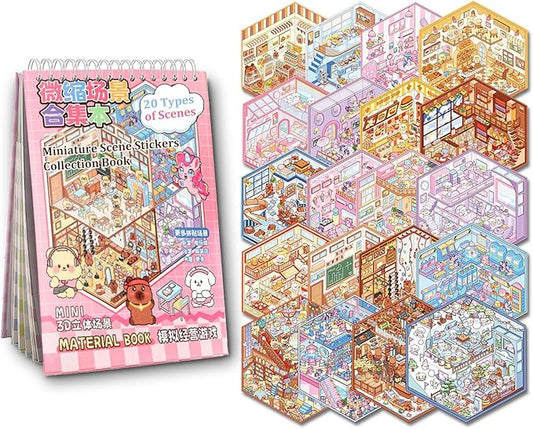 Scene Sticker Book for Kids,20 Sets of 3D Sticker Scenes for Adults Fun Mini Cute Kawaii Stickers Therapy 3D Scenes 3D House Stickers Set Relief Stress Pass The Time
