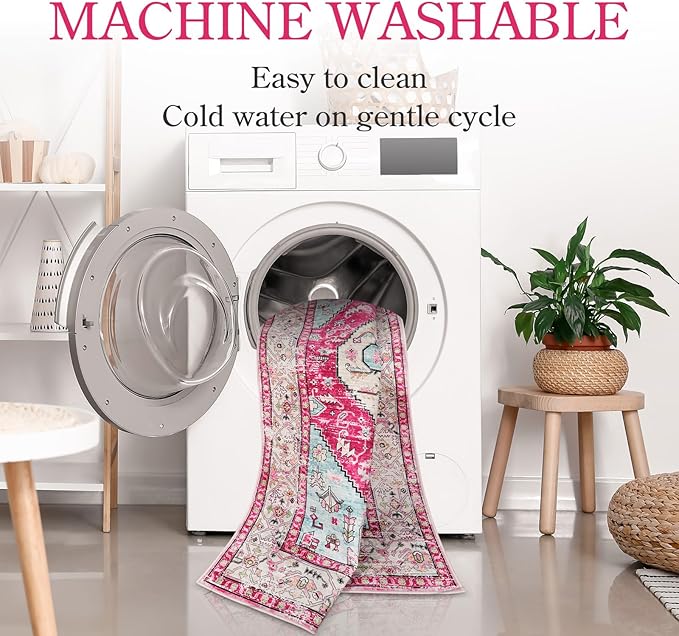 Lahome Boho Round Rug - 6Ft Washable Area Rug, Non-Slip Small Bathroom Rug, Lightweight Bedroom Throw, Oriental Distressed Print Carpet for Entryway, Sofa, Nursery, Kids Room