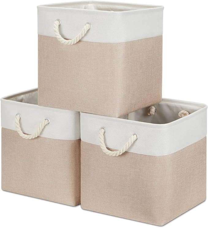Bidtakay Fabric Storage Baskets for Organizing Beige 13 Inch Collapsible Square Baskets 3 Pack Organization Bins Large Cube Storage Bins Closet Baskets for Shelves Clothes