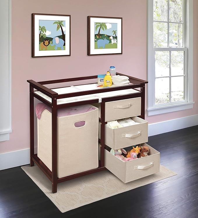 Badger Basket Modern Baby Changing Table with Laundry Hamper, 3 Storage Drawers and Pad, Diaper Change Station - Cherry/Ecru