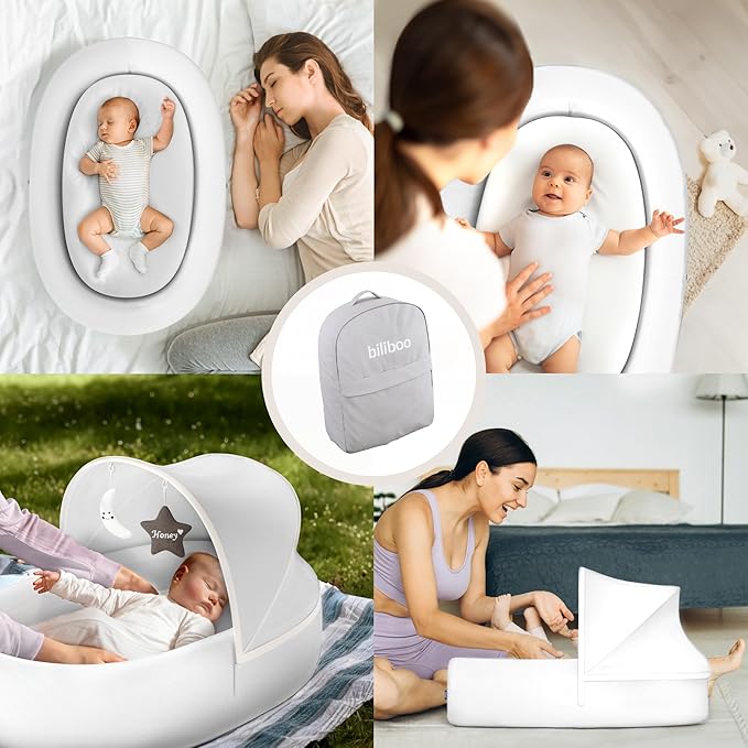 Premium Portable Baby Lounger Nest – Foldable Travel Bassinet for Newborn & Infant with Mesh Canopy, 2 Toys, Waterproof Mattress & Removable Cover – White