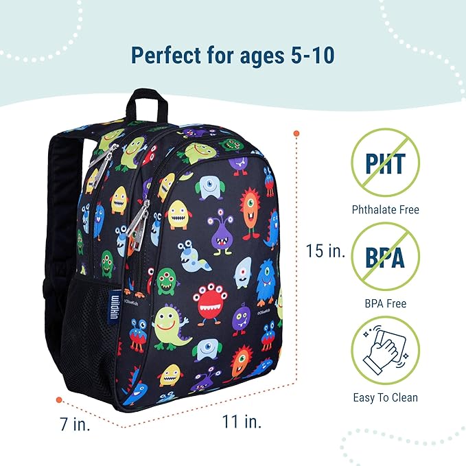 Wildkin 15-inch Kids Backpack – Durable, Padded, Adjustable for School & Travel - Monsters