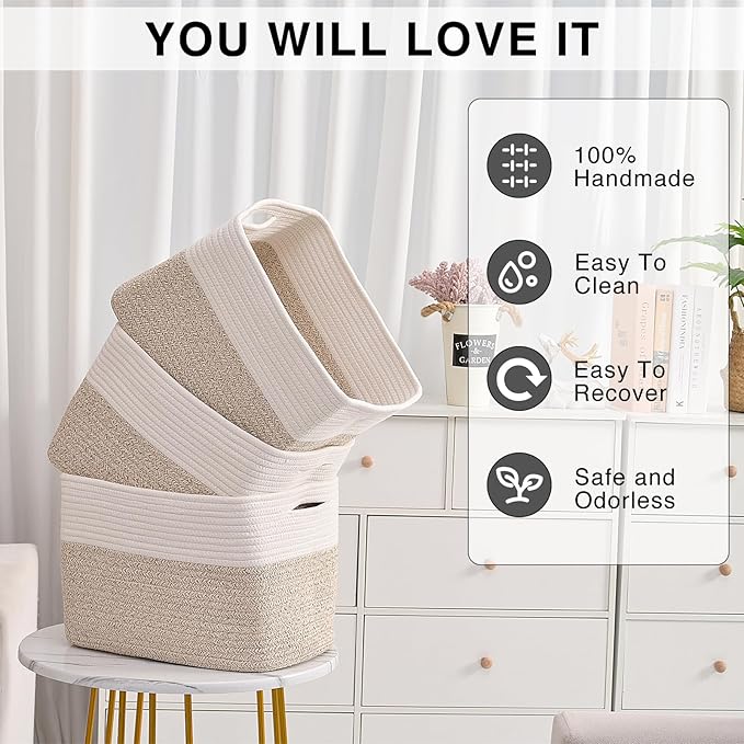 Storage Baskets for Organizing, Woven Cotton Rope Basket for Storage Books, Baby Organizing Baskets, Toy Storage Basket, 15"x11"x9.5", 3 Packs, Off White & Brown