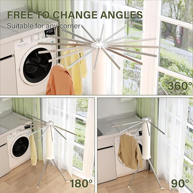 Foldable Tripod Clothes Drying Rack, Collapsible Laundry Drying Rack, Portable Octopus Laundry Stand with 16 Extendable Aluminum Rods White & Silver Space Saving Holder for Indoor Outdoor