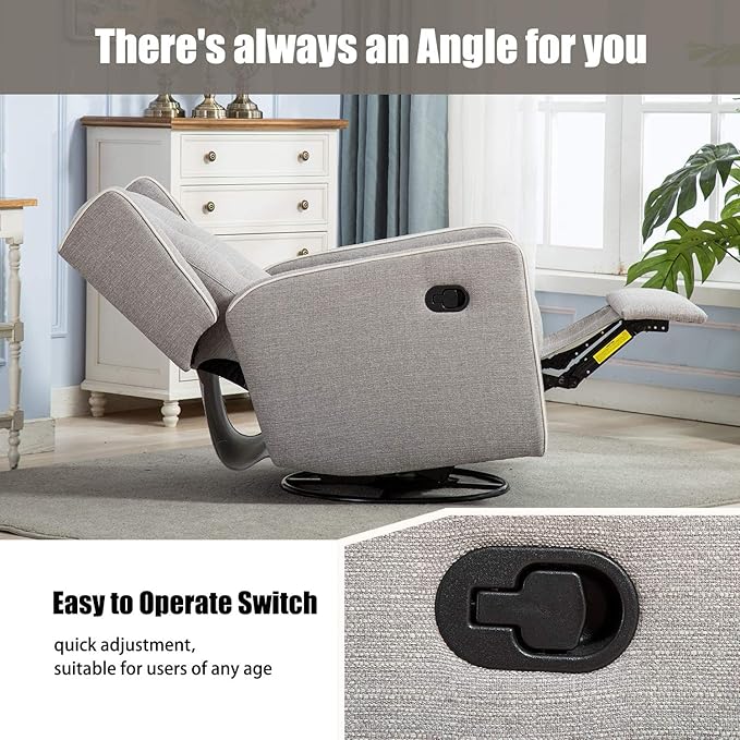 Swivel Rocker Recliner Chair, Nursery Glider Chair, Nursery Rocking Chairs, Manual Reclining Chair, Grey