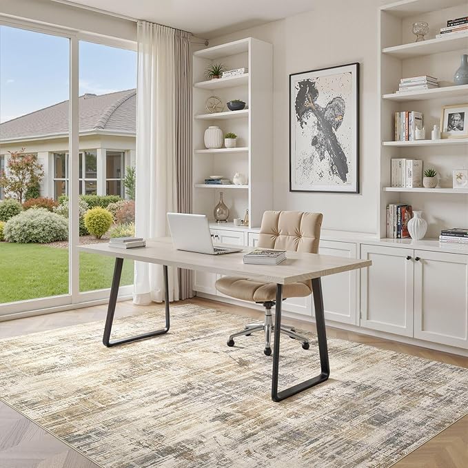 Area Rug for Living Room: 5x7 Washable Neutral Abstract Modern Soft Rugs Non Slip Indoor Floor Stain Resistant Carpet for Bedroom Dining Room Office Nursery - Golden Brown