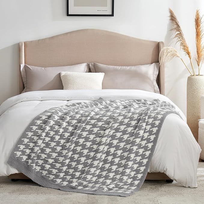 Snuggle Sac Houndstooth Throw Blanket for Couch, Reversible Super Soft Warm Blankets Cozy Knit Fuzzy Plush Lightweight Throws for Sofa, Bed, Camping, Grey,50x60 inches