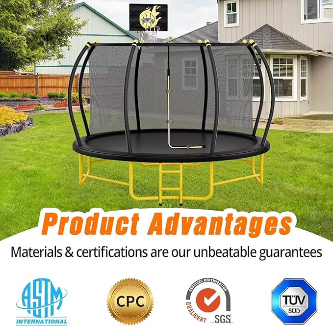 14FT Pumpkin Trampoline with Basketball Hoop, Balance Bar and Enclosure Net, Outdoor Trampoline for Kids and Adults, Capacity 880 lbs