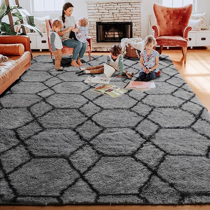 ONASAR 8x10 Area Rugs for Living Room, Fluffy Grey and Black Bedroom Rug, Washable Geometric Boho Large Soft Plush Shaggy Fuzzy Floor Carpet for Nursery Kids Classroom Playroom Dorm Home Decor