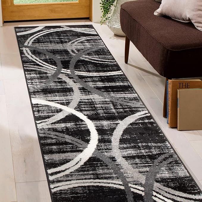 Rugshop Modern Wavy Circles Design Runner Rug 2' x 7'2" Black