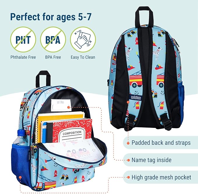 Wildkin 15-inch Kids Backpack – Durable, Padded, Adjustable for School & Travel - Firefighters