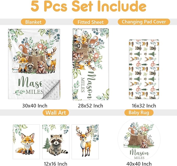 Personalized Baby Bedding Set, 5 Pcs Custom Baby Crib Sets with Name, Toddler Bedding Set for Baby Boys Girls, Forest Animal Double Layer Nursery Bedding Set, Customized Gifts for Infants Kids