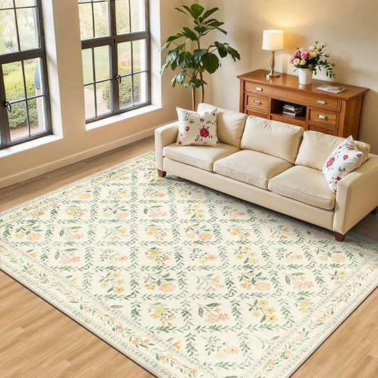 6x9 Area Rugs for Living Room: Floral Washable Rug Vintage Large Soft Boho Non-Slip Carpet Indoor Stain Resistant Thin Carpets for Bedroom Dining Room Farmhouse Nursery Hallway Home Office Beige/Multi