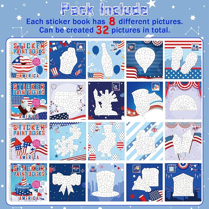4Pcs Patriotic Paint by Sticker Books Sticker by Number Books Activity Book Puzzle Book Craft Art Gift Memorial Day 4th of July American Star 32 Pictures