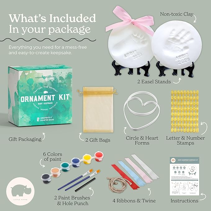 Little Hippo Baby Ornament Keepsake Kit (Newborn Bundle) - 2 Easels, 4 Ribbons & Letters! Handprint and Footprint Clay Casting Kit for Baby Shower Gifts, Boys & Girls