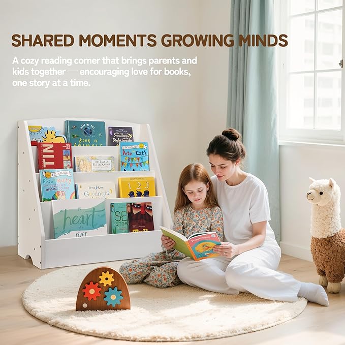 TOETOL 4-Tier Kids Bookshelf - Toddler Book Display Shelves for Classrooms, Playrooms, and Nursery - Wooden Children Book Rack (White)