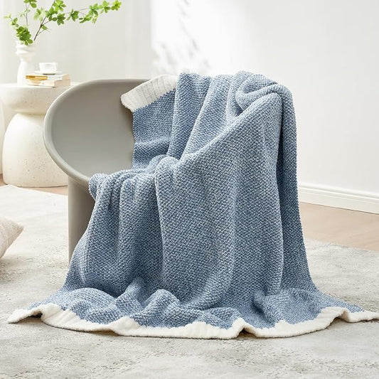 Snuggle Sac Blue Throw Blankets for Couch, Reversible Super Soft Warm Blankets Cozy Knit Blanket Fuzzy Plush Throws for Sofa, Bed, Gift, Heather Blue, 50 x 60 inches