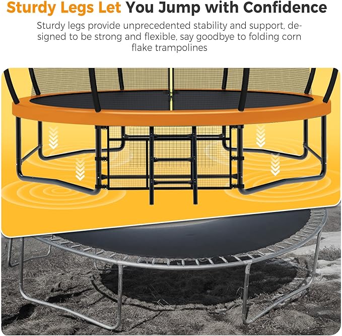 Tatub Large Trampolines Outdoor 10 12 14 15 16FT for Kids and Adults,Outdoor Recreational Pumpkin Trampolines with Curved Poles and Safety Enclosure Net, Basketball Hoop, Ladder
