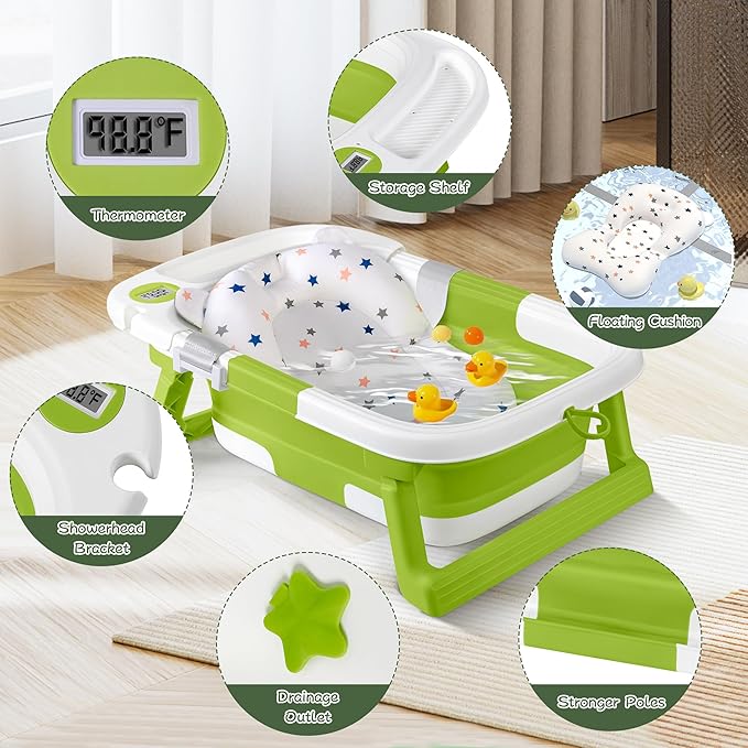 Collapsible Baby Bathtub,Baby Bath Tub with Thermometer & Soft Cushion,Baby Bathtub for Newborn to Toddler 0-36 Months,Portable Travel Baby Tub with No-Slip Feet,Baby Shower Gifts,Green