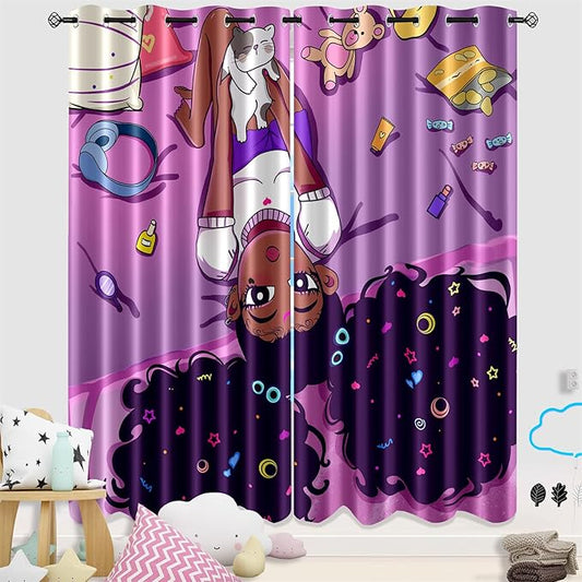 Cartoon Printed Curtains for Bedroom, 82 x 84 inches, Blackout, Grommet Top, 2 Piece Set, Girls Room Curtains, Thermal Insulated