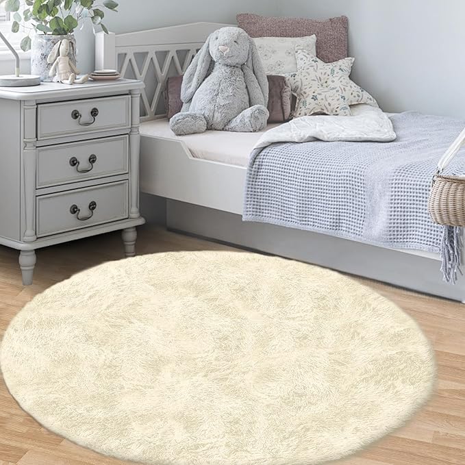 4FT Round Rug for Bedroom: Fluffy Shag Soft Washable Rugs Circle Small Fuzzy Plush Indoor Carpet for Living Room Nursery Playroom Dorm Kids Girls Boys Room (Cream White, 4'x4')