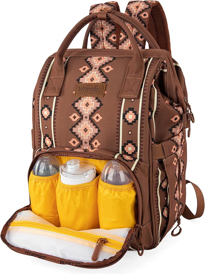 Wrangler Diaper Bag Backpack Aztec Travel Backpack Purses Western Multi-Function Baby Bags for Mom with Waterproof Insulated Pockets