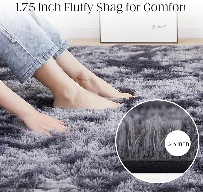 9x12 Fluffy Rugs for Living Room, Ultra Soft Plush Area Rug for Bedroom, Anti-Skid High Pile Indoor Carpet for Nursery, Kids Room, Playroom, Home Decoration, Tie-Dyed Dark Grey