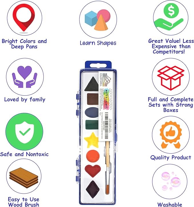 Color Swell Bulk Watercolor Paint Set – 36-Pack with 8 Washable Colors & Shape Learning Tools – Includes Strong Wood Brushes for Kids