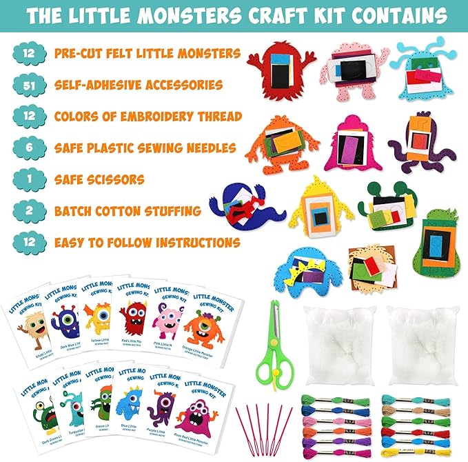 CiyvoLyeen Little Monsters Craft Kit Adopt A Monster Felt Plush DIY Sewing Art Educational Toys Monster Craft Gift Learn How to Sew for Beginners Set of 12 Sewing Kits