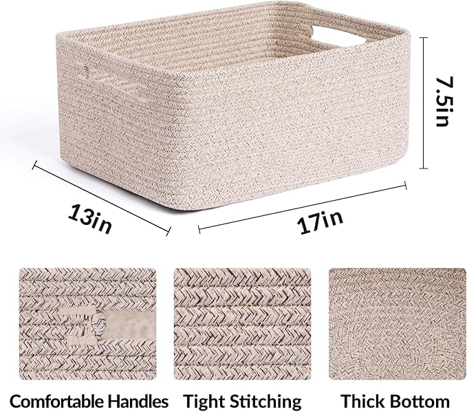 Large Storage Baskets for Organizing, Closet Shelf Baskets for Clothes Blanket Towels, Baby Nursery, Toy Bins Box, Woven Rope Baskets, 17 x 13 x 7.5”, 4 Packs Mixed Brown