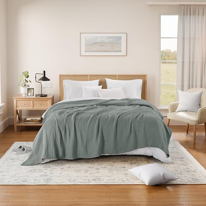 Threadmill Summer Muslin Twin Blanket | 4 Layer 100% Cotton Gauze | Soft, Breathable, and Lightweight Muslin Blanket | Ideal for All Seasons | Lightweight Blanket| Scottish Grey
