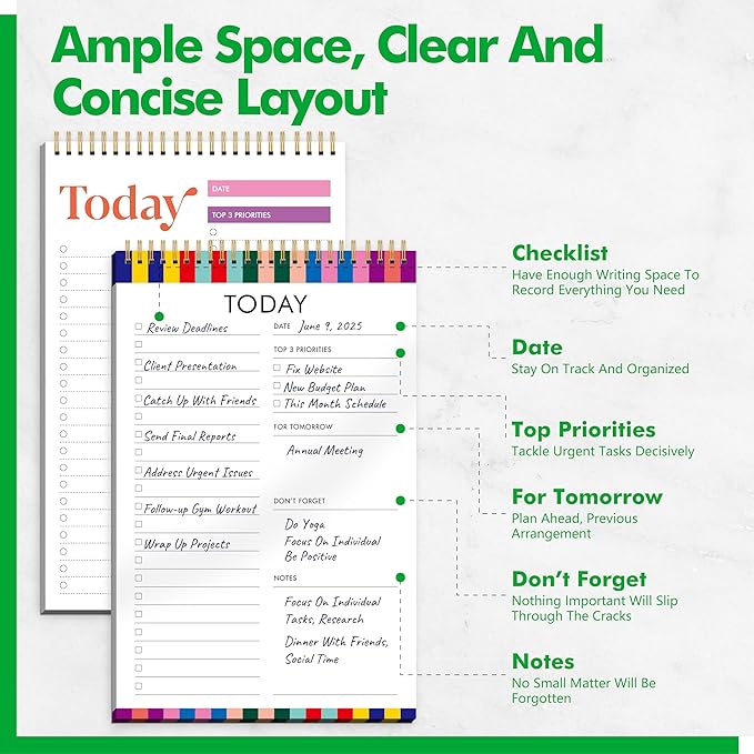 2 To Do List Notepads, Daily Planner Notebook with Tear-off Design, Undated Writing Organizer for Daily Tasks and Goal, Coiled Task Track Checklist Productivity Pad for Office, Classroom, Home, School