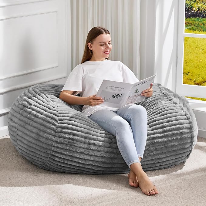 Hobestluk 3FT Bean Bag Chairs Adult Bean Bag with Portable Handle Comfy Large Bean Bag Chair with Removable Cover for Living Room Bedroom or Reading Nook (Stripe Grey, 3FT)