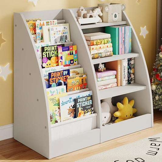 4 Tier Kids Bookshelf, 4 Layer Sling Kids Book Shelf for Kids Rooms,Wood Children Bookcase,Baby Storage Book Rack,Toddler Bookshelf, Book and Toy Organizer,Book Display Shelf for Bedroom, Nursery