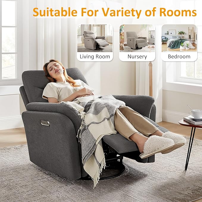Power Recliner Chair Swivel Glider, Electric Rocking Recliner Chairs with USB and Type-C Ports, Nursery Chair Recliner for Office, Living Room, Bedroom（Dark Gray）