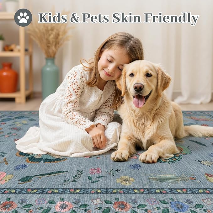 6x9 Rugs for Living Room with Insect Print - Bug Rug Non-Silp Stain Resistant Soft Carpet for Bedroom, Low Pile Ultra-Thin Machine Washable Carpet for Dining Room, Kids Nursery, Office (6'x6' Blue)