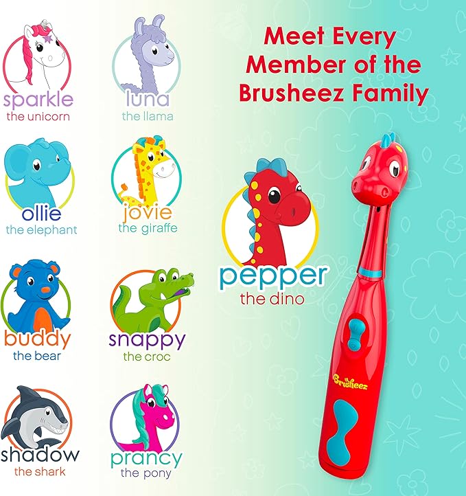 Brusheez Kids’ Electric Toothbrush Set - Safe & Effective for Ages 3+ - Parent Tested & Approved with Gentle Bristles, 2 Brush Heads, Rinse Cup, 2-Minute Timer, & Storage Base (Pepper The Dino)