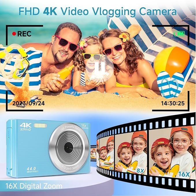 Digital Camera for Teens, FHD 4K 44MP with 64GB SD Card, 16X Digital Zoom, Compact Point Shoot Camera Blue